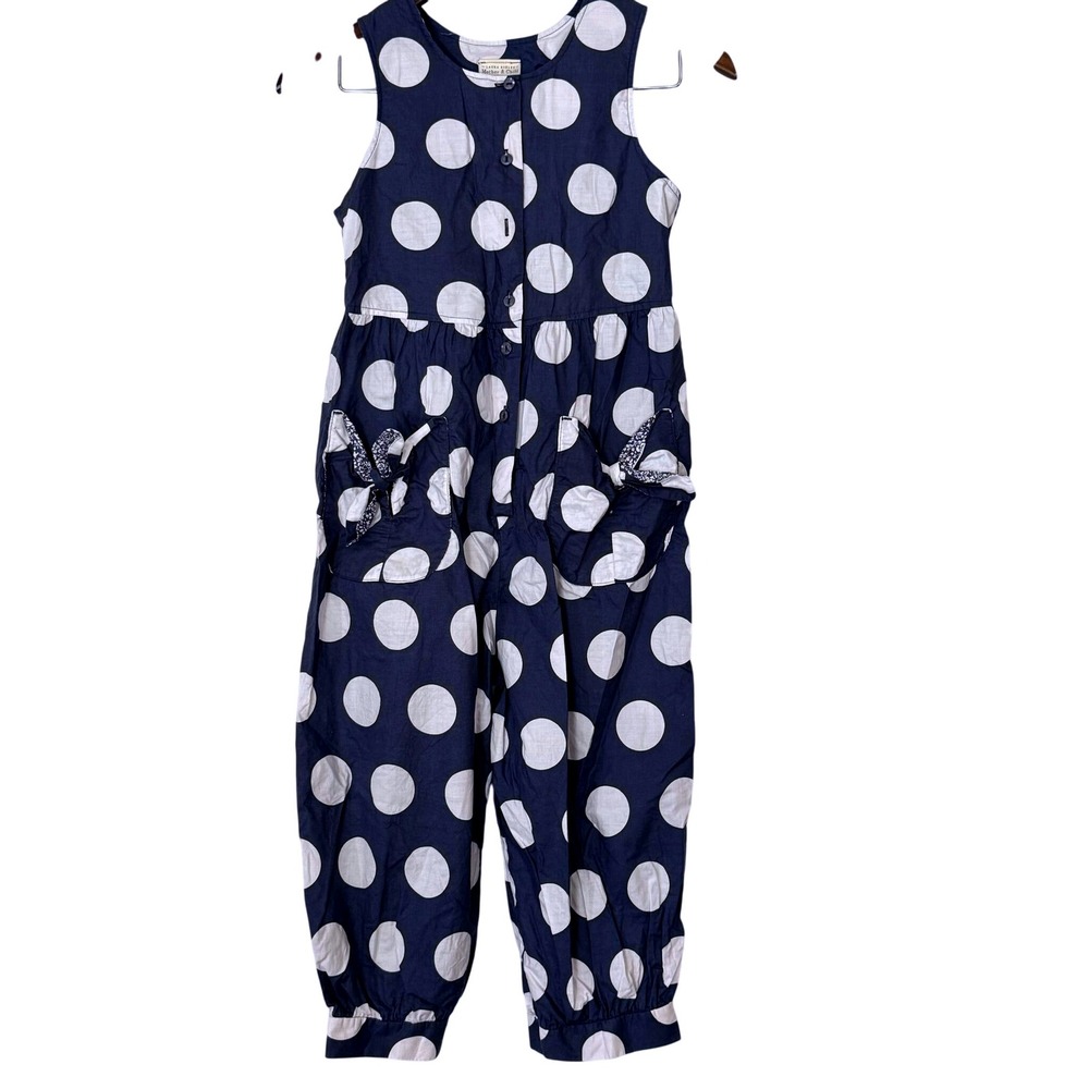 Vintage Laura Ashley Mother Child Navy White Polka Dot Jumpsuit girls 9 Years